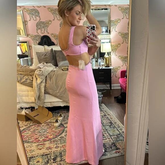 Majorelle Matteson Gown Pink‎ Crystal Strap Cutout Waist Plunge Sleeveless Sz S - Picture 4 of 15